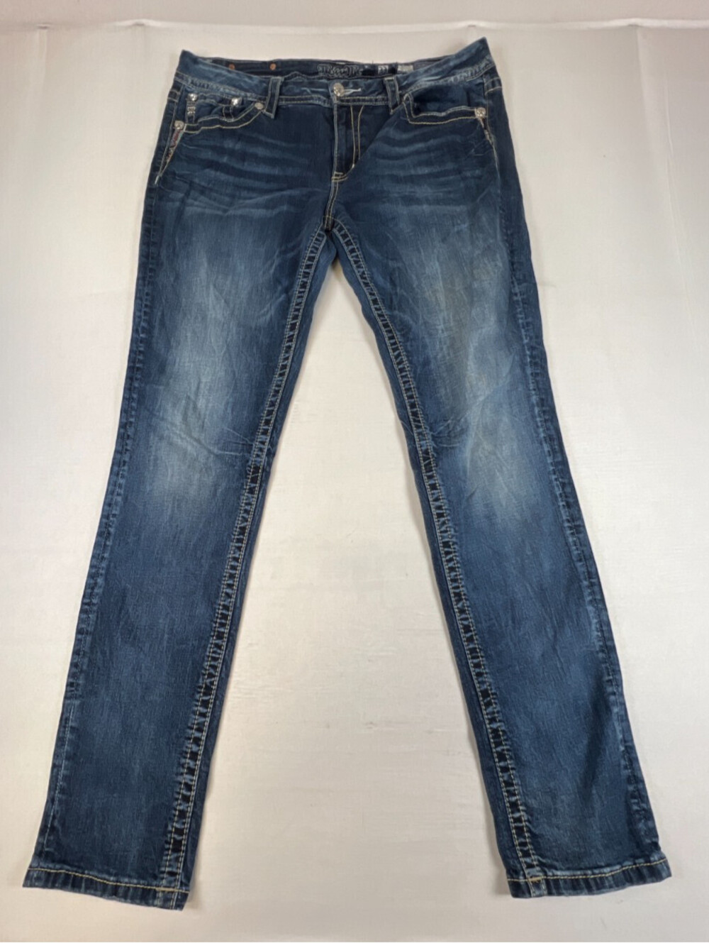 Miss Me Women 33x33 Dark Wash Skinny Jeans Embellished Flap Pocket Retro